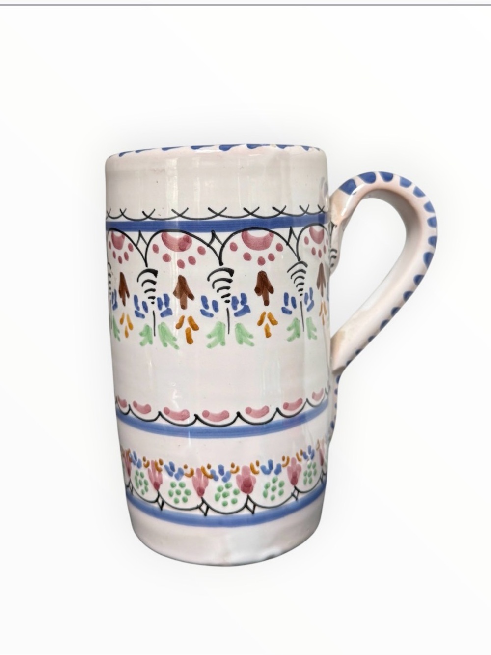 Vintage hand-painted Spanish art pottery mug from Sevilla (Seville), Spain.